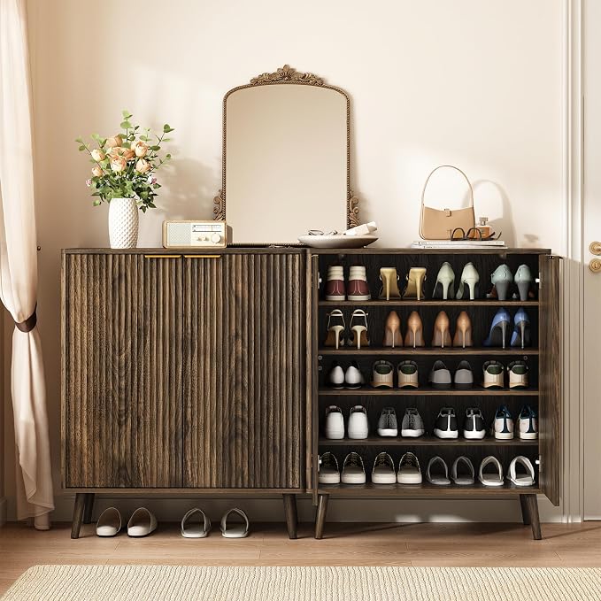 Fluted Shoe Cabinet with Doors Set of 2, 5-Tier Shoe Storage Cabinet with Adjustable Shelves, Wooden Freestanding Shoe Organizer Shoe Cabinet for Entryway,Hallway,Living Room, Walnut - Image 7