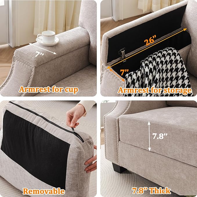 Oversized Accent Chair with Seat Storage,Comfy Living Room Chairs with Armrest Organizer,Oversize Armchair,Upholstered Big Reading Chair,Single Sofa Chair for Bedroom,Velvet,Khaki