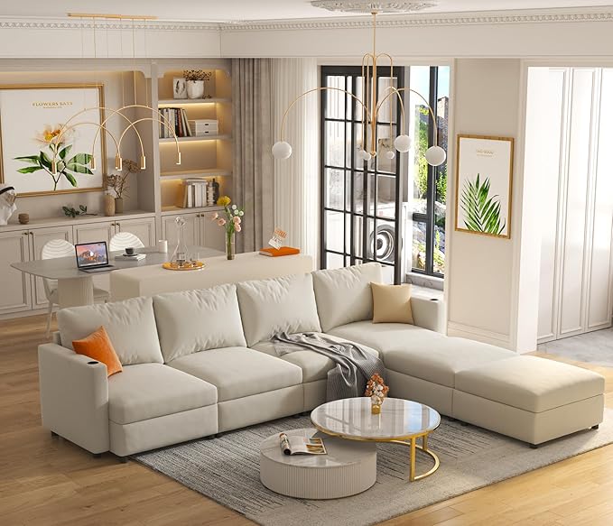 ERYE Oversized Chenille Upholstered Modular Storage Sectional Sofa Couch W/2 Movable Ottomans & Cupholders, U-Shaped Free Combined Sofa Couch Convertible Sleeper Sofabed for Living Room Apartment