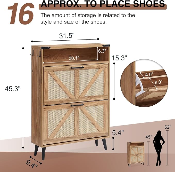 Barnyatoh Shoe Storage Cabinet, Boho Rattan Shoe Organizer with 2 Flip Drawers,Farmhouse Freestanding Hidden Slim Narrow Shoe Rack Cabinet with Open Shelves for Entryway, Foyer,Hallway, Natural - Image 2