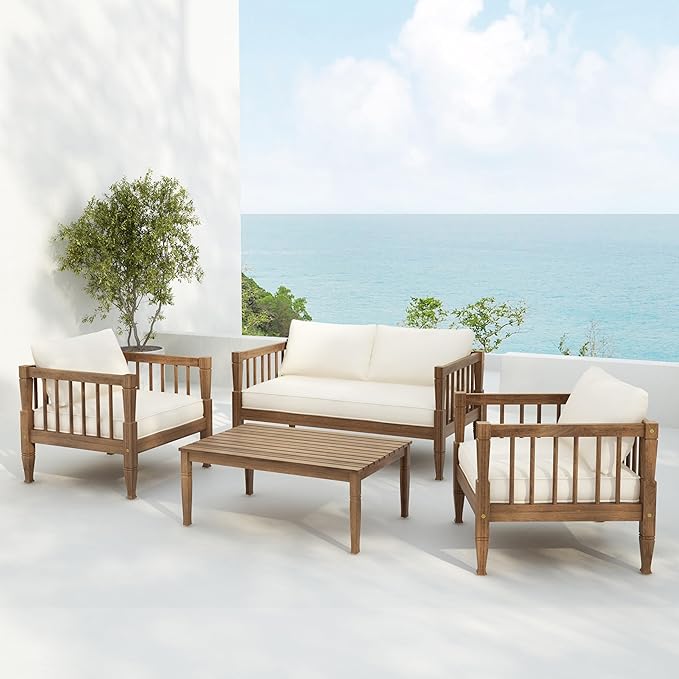 Christopher Knight Home 4-Piece Patio Furniture Set with Coffee Table, Acacia Wood Outdoor Conversation Set, 4 Seater Patio Sofa Set with Thick Cushions for Backyard,Balcony, Light Brown+Beige