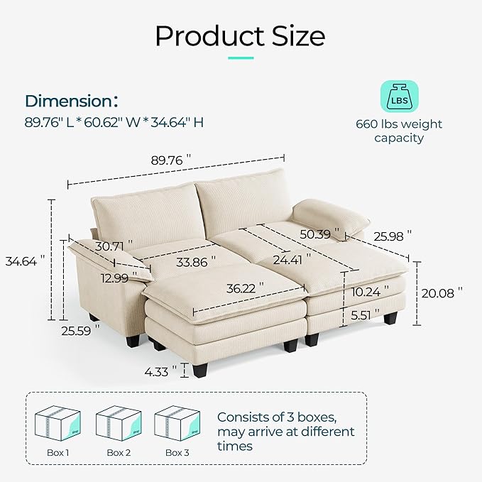LINSY HOME Modular Sectional Sofa - Oversized Corduroy Cloud Couch with Movable Ottoman Soft Modern Comfy Sofa Set for Living Room Apartment Office, Beige