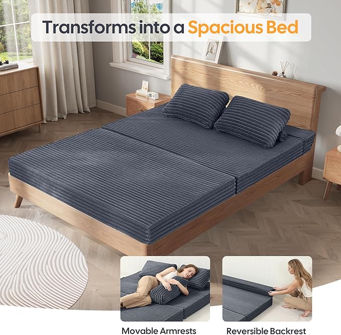 MeMoreCool Convertible Sofa Bed, Folding Floor Couch Bed Queen, Pull Out Sleeper Couch with Pillows, Fold Out Futon Sofa for Bedroom Living Room Small Space, Corduroy Grey