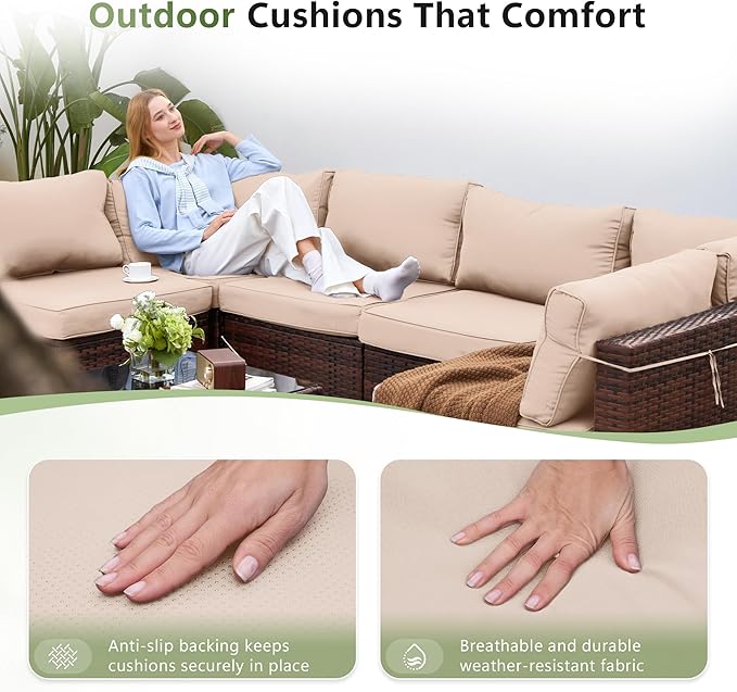 Amopatio Outdoor Patio Furniture Set 7 Pieces Patio Conversation Set Sectional Couch Sofa with All-Weather Cover, Glass Table & Thicken Cushion Fits Garden Yard Porch