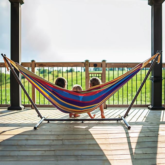 Vivere Double Cotton Hammock with Space Saving Steel Stand, Upgraded Polyester End Strings 450 lb Capacity - Premium Carry Bag Included - USA Grown Cotton (Tropical) - Image 5
