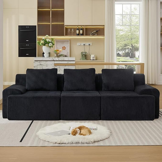 Modular Sectional Sofa, Boneless Couches for Living Room, Corduroy Couch, Big Comfy Couch, Modular Cloud Sofa with Deep Seat (Black, 3 Pieces-Rowshape)