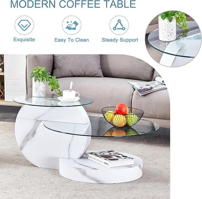 35.4" Glass Coffee Table, Round Coffee Table, 2-Tier Tempered Glass Tabletop with White Faux Marble Base, Modern Center Table for Living Room, Home, Apartment, Ideal for Small Space