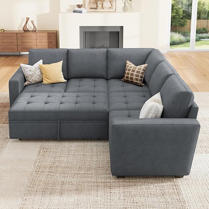 HONBAY Modular Sectional Sofa with Pull Out Bed Convertible L Shaped Couch with Storage Seat Sleeper Sectional Couches for Living Room,Warm Bluish Grey