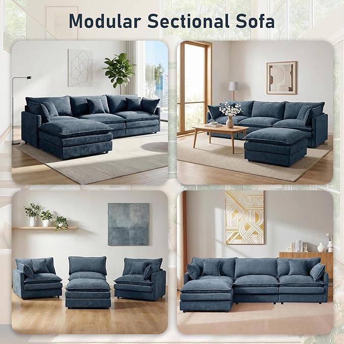 102" Cloud Couch Sectional, Modular Sectional Sofa with Chaise & 4 Removable Washable Pillows, Oversized L-Shaped Couch for Living Room, Modern 3-Seat Cloud Sofa Sectional with Deep Seat, Blue