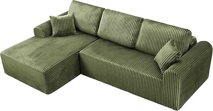 109-Inch L-Shaped Left Facing Boneless Corner Sofa 2 PCS Modular Sectional Cloud Sofa Couch with Chaise Lounge and Toss Pillow, Corduroy Boneless L-Shaped Couches
