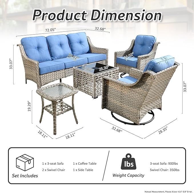 Patio Conversation Set,5 Pieces Wicker Patio Furnitures with Swivel Chair and Coffee Table,All Weather Patio Furniture Set for Garden,Backyard,Poolside(Sapphire Blue)