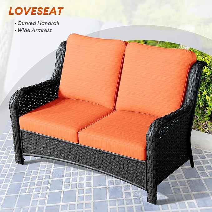 HOOOWOOO Patio Outdoor Furniture with Large Fire Pit Table,High Back 6 Piece Wicker Patio Conversation Set with Swivel Chairs,7 Person Couch Sofa Seating,Orange Red