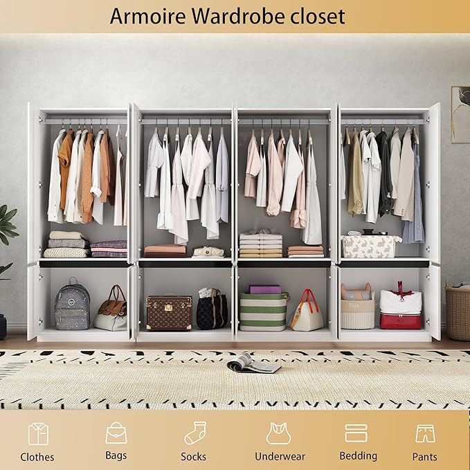 Bedroom Armoire Wardrobe Closet with 8 Doors: 75" White Wardrobe Cabinet for Clothes, Wooden Closet with Hanging Rod, Modern Armoire with Shelves (4)
