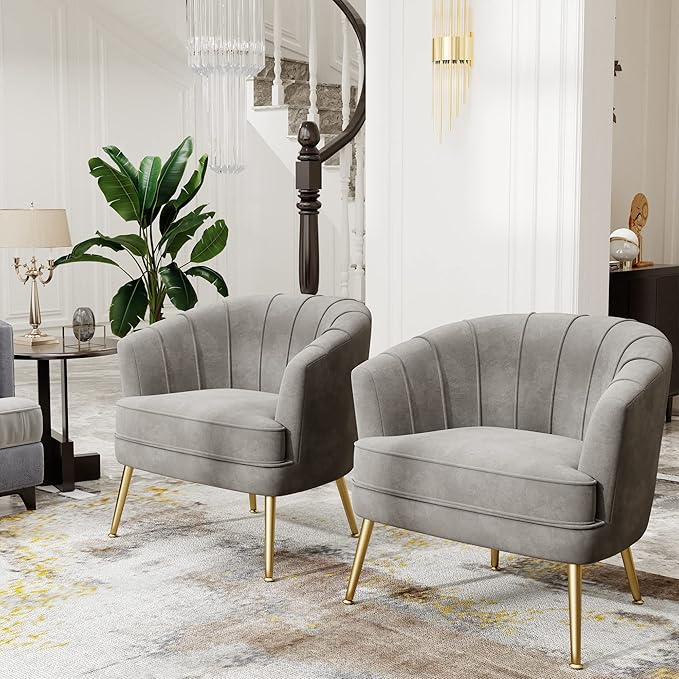 Andeworld Velvet Accent Chair, Upholstered Modern Single Sofa Side Chair,Comfy Barrel Club Living Room Armchair with Golden Metal Legs for Bedroom Living Reading Room Office, Grey