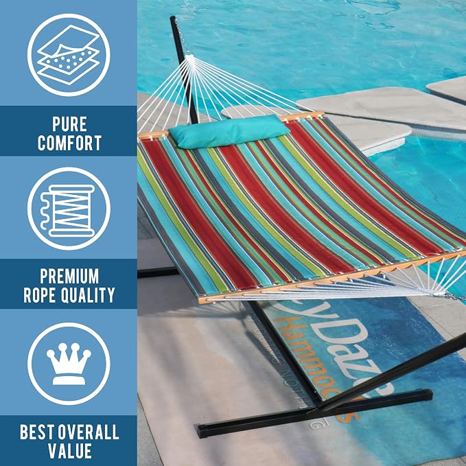 Lazy Daze Hammocks 12 FT Quilted Fabric Double Hammock with Spreader Bars and Detachable Pillow, 450lbs Weight Capacity - Image 6
