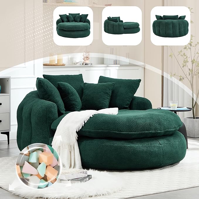 KEIKI 71" Chenille Round Boneless Sofa Couch, Oversized Chaise Lounge Chair Couches Indoor, No Assembly Required Floor Lazy Bean Bag, Modern Sleeper Sofa Bed for Living Guest Room & Bedroom, Green