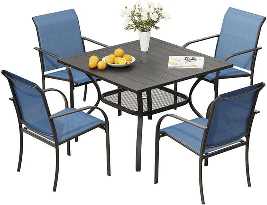 VICLLAX 5 Pieces Patio Dining Set, Patio Furniture Set of 4 Patio Stackable Dining Chairs and Outdoor Metal Square Table with Storage Shelf, Blue Chairs and Black Table by HOME
