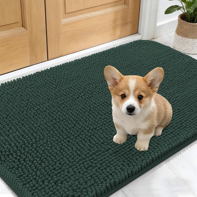 OLANLY Dog Door Mat for Muddy Paws 24x16, Absorbs Moisture and Dirt, Absorbent Non-Slip Washable Doormat, Quick Dry Chenille Mud Mat, Entry Indoor Entryway Carpet for Inside Floor, Blackish Green by OLANLY