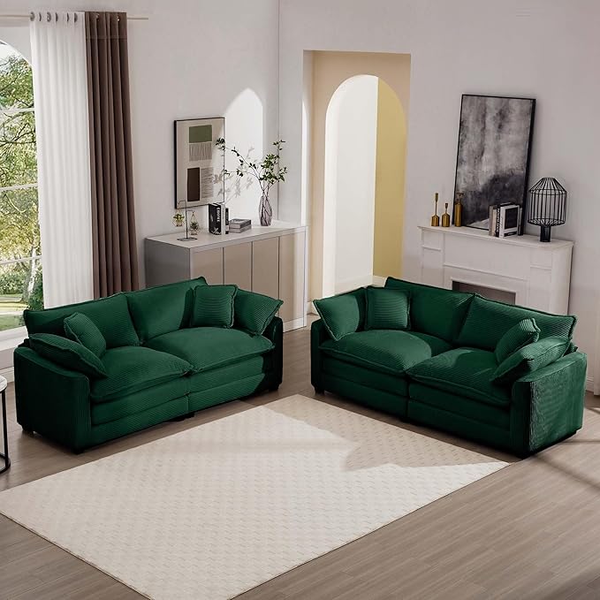 KEIKI 2-Piece Sofa Set with 2 Oversized Corduroy Loveseat Sofa, Upholstered Modern 4-Seater Corner Couch Set with 8 Pillow, High-Density Foam Cushions, Removable Armrests, for Living Room, Green