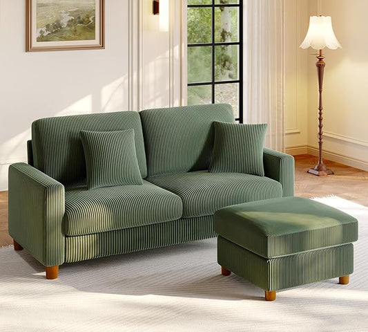 70.2" Couches for Living Room, Comfy L Shaped Couch Green 7.1" Thicker Cushion, Sofas for Living Room Tool-Free Setup, Loveseat with Ottoman 705lbs Support, Corduroy Couch for Bedroom, Office