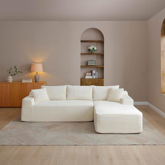 105-Inch L-Shaped Right Facing Corner Compressed Sofa Modular Sectional Boneless Cloud Sofa Floor Foam Couch with Chaise Lounge, Corduroy Corner Boneless Cloud Couch