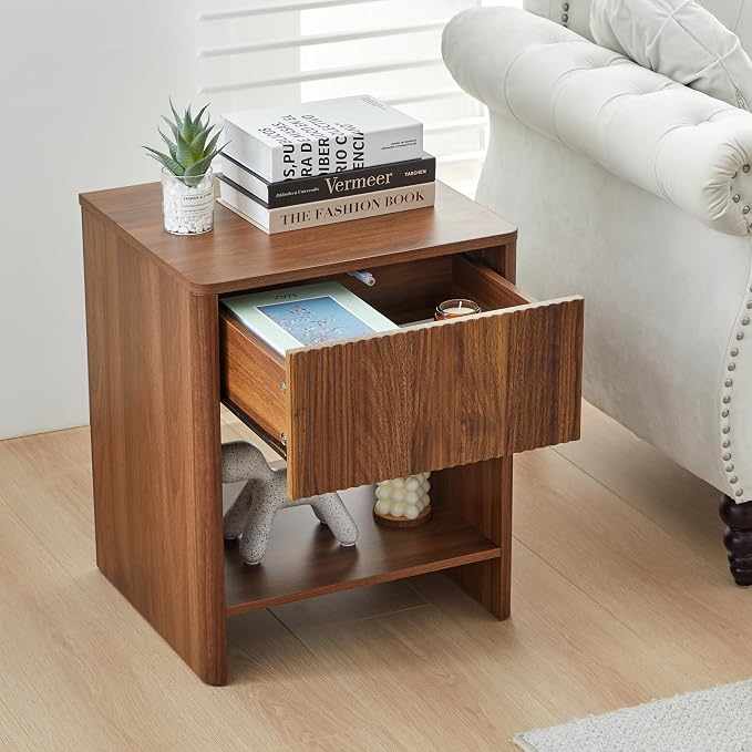 Mid Century Modern Night Stand Set 2 with Drawer, Farmhouse Nightstand for Bedroom, Small End Table with Storage, Living Room/Bed Side Table for Small Spaces, Fluted Cabinet Wood Nightstand - Image 4