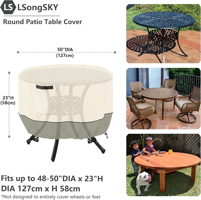 Round Patio Table Cover,600D Heavy Duty Outdoor Furniture Covers Waterproof,Round Patio Table for Patio Furniture Covers,48" Dia x 28" H,Beige&Grayish Green - Image 2
