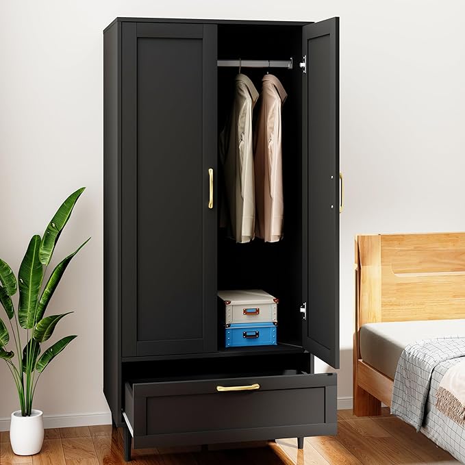 Gyger Wardrobe Closet with Drawer, Armoires and Wardrobes with Shelves and Hanging Rail,Freestanding Wooden Wardrobe Cabinet for Bedroom,Black