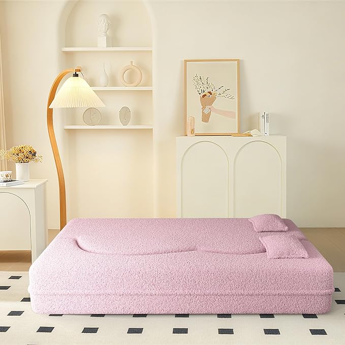 78" Convertible Sofa Bed, 2-in-1 Folding Floor Couch with 2 Pillows, Sleeper Sofa for Living Room and Bedroom, No Assembly Required (Pink, Teddy Fabric)