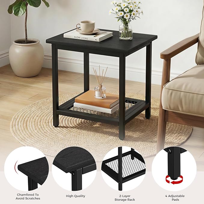 2-Tier Outdoor Side Table with Storage, Weather Resistant Patio End Table, HDPS Small Accent Table for Deck, Garden, Pool, Backyard, Black - Image 7