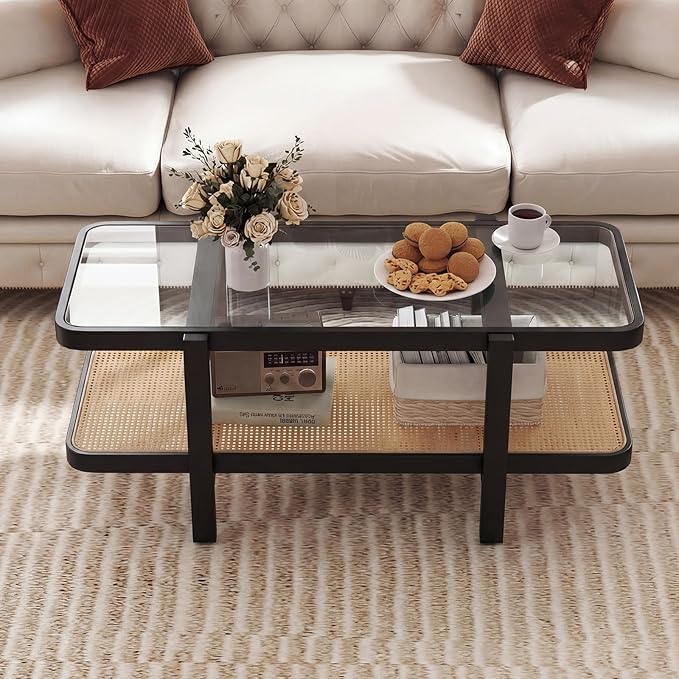 Giantex Rattan Coffee Table, 47.5" Rectangle Solid Wood Tea Table w/Tempered Glass Tabletop, Rattan Storage Shelf, 2-Tier Boho Coffee Tables, Farmhouse Center Table for Living Room (Black)