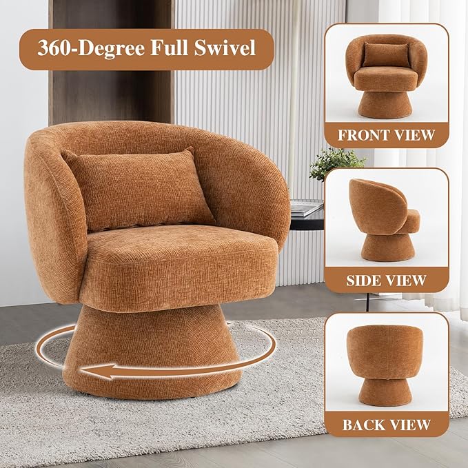 360° Swivel Accent Chair, Modern Velvet Barrel Chair with Arms and Pillow, Upholstered Single Sofa for Living Room, Bedroom, Office, Orange