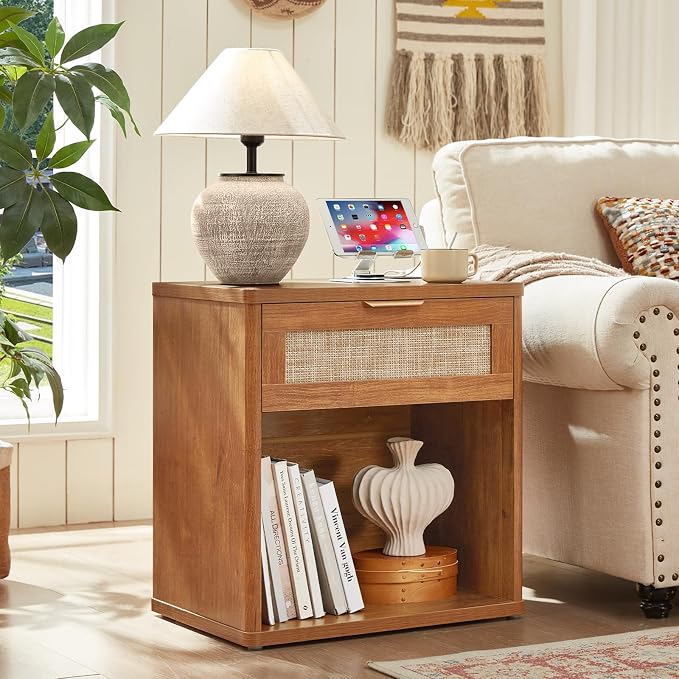 LEYAOYAO Rattan Nightstand with Charging Station, 23" Wide Boho Night Stand with Drawer, Natural Wood Bedside Table Open Storage Cabinet, Bed Side End Tables Dresser for Bedroom, Living Room, Hallway - Image 4