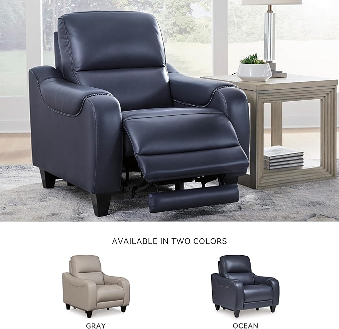 Signature Design by Ashley Mercomatic Contemporary Power Recliner with Adjustable Headrest and USB-C Fast Charging, Leather, 20.63" Seat Height, Blue