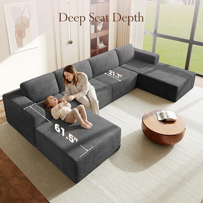 Vesgantti 159" Large Modular Sectional Sofa, U-Shaped Corduroy Cloud Couch with Deep Seats & Spring Support, 4-Seater Boneless Sofa with 2 Movable Ottomans, No Assembly Needed, Grey