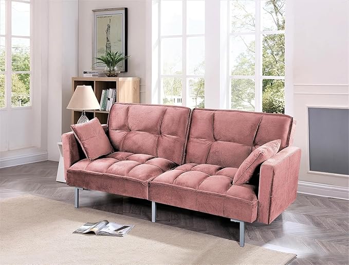 Regal 75.6" Velvet Convertible Sofa Bed - Mid-Century Sleeper Couch w/Tufted Design & Metal Legs - Pull-Out Futon for Guests/Home (75.6" W x 34.6" D x 32" H), Rose