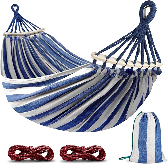 MOSFiATA Hammocks Portable Camping Hammock Upgraded 550lb Comfortable Fabric Hammock with Two Anti Roll Balance Beam and Sturdy Metal Knot Tree Straps for Camping, Patio, Backyard, Outdoor(Blue White) by MOSFiATA