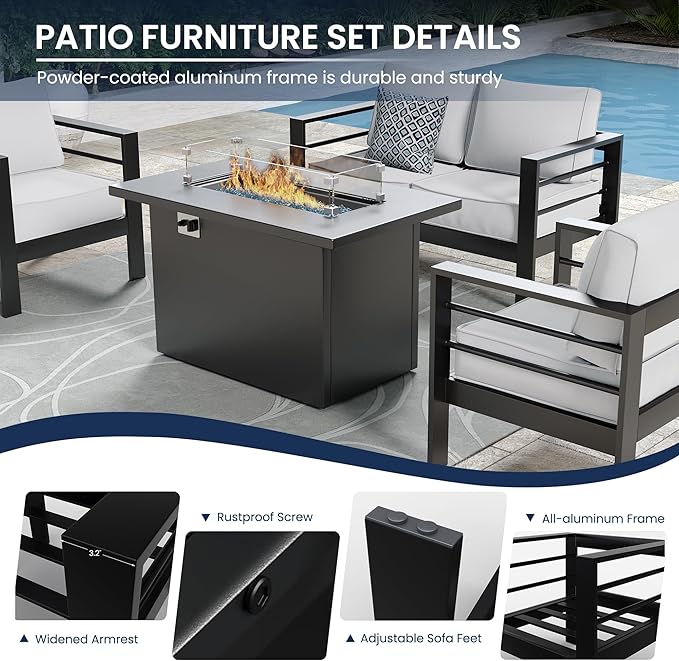 Amopatio Patio Furniture with Fire Pit, 5 Pcs Aluminum Outdoor Sectional Metal Patio Sofa Sets with Aluminum Fire Pit Table for Backyard(Included Waterproof Covers)