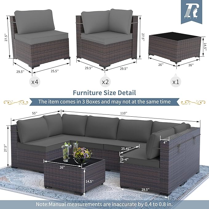 7 Pieces Outdoor Patio Furniture Set,Outdoor Sectional Furniture All Weather PE Rattan Wicker Patio Conversation Set with Coffee Table and 6 Thickened Cushions,Grey