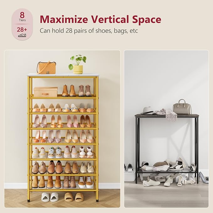 Tajsoon 8 Tier Shoe Rack Organizer for 28-32 Pairs of Shoes, Metal Mesh Shoe Shelf for Closet, Industrial Shoe Rack for Entryway Shoe Storage with X Shape Fixed Frame, White & Gold - Image 5