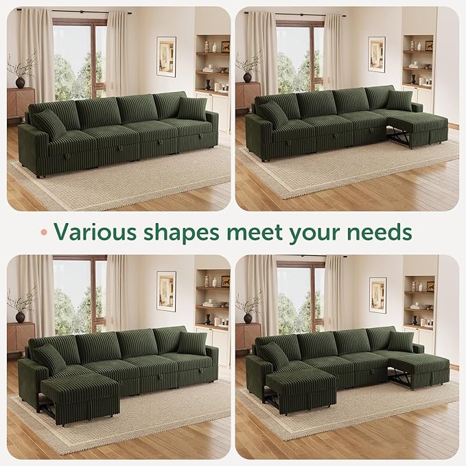 HONBAY 121.3 Inch Modular Sectional Sofa, L & U Shaped Pull Out Couch with Adjustable Backrest & Storage, Velvet Green