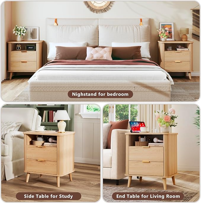 Fluted Nightstands Set of 2, Mid Century Modern Bedside Table with Drawer & Open Shelf, Curved Profile Design, Night Stand with Charging Station, End Side Table with Storage for Bedroom, Oak - Image 4