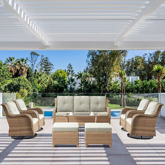 Wicker Patio Furniture Set: 8 Piece Outdoor Conversation Sets with 4 Swivel Rocker Chairs, Patio Couch, Rattan Ottomans and Coffee Table for Porch Balcony Garden, Yellow/Beige