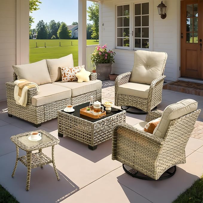 ovios 6 Piece Patio Sectional Furniture with Swivel Rocking Chairs, Rattan Wicker Coversation Set with Glowing Coffee Table, Outdoor Sofa Set for Outside Porch Balcony Backyard Pool, Beige