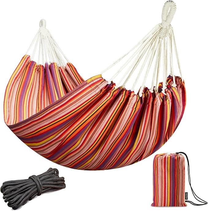 JoyView Brazilian Double Hammock with Hanging Ropes Extra Large 86.6x59” Portable Cotton Hammock for Patio Backyard Porch 450LBS Weight Capacity Perfect for Outdoor/Indoor - Red Stripes by JoyView