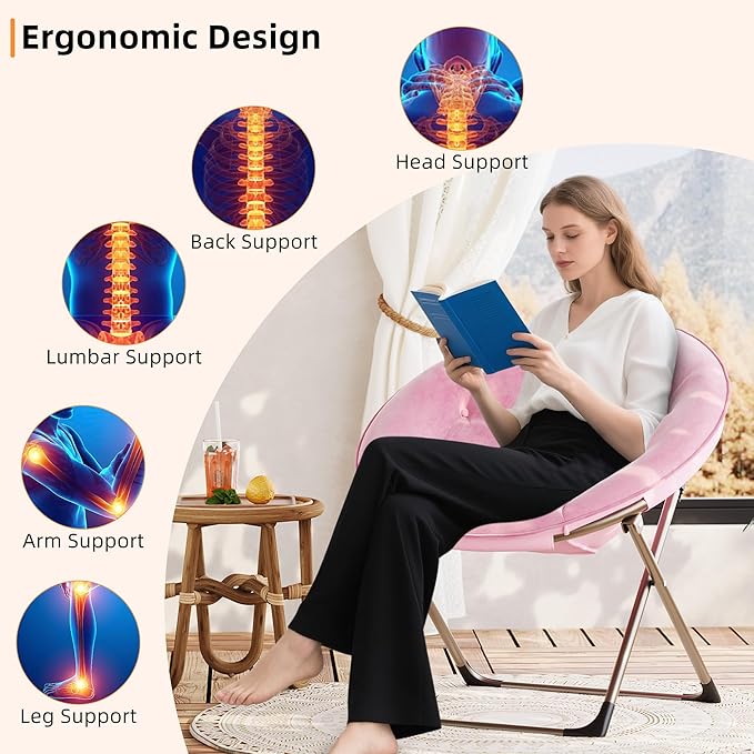 GAOMON Saucer Chair, Comfy Chair Faux Fur Lounge Moon Chair with Folding Metal Frame, Oversized Plush Flower Accent Seat for Adults, Teens & Kids, for Teens, Bedroom, Dorm or Living Room, Pink