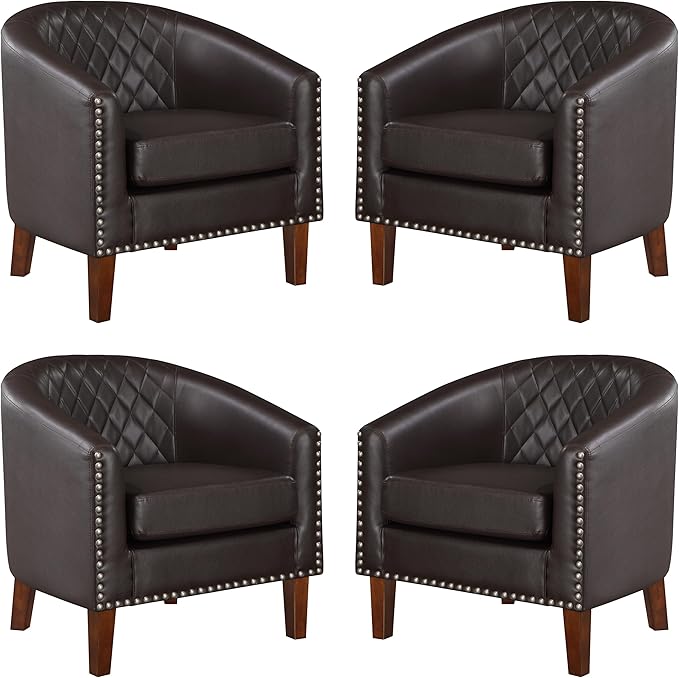 Prilinex Comfy Barrel Accent Chair Set of 4 - Faux Leather Living Room Chair Club Chair with Cushion, Diamond Grid Backrest & Nailhead Trim, Guest Chair for Office, Bedroom & Waiting Room, Brown