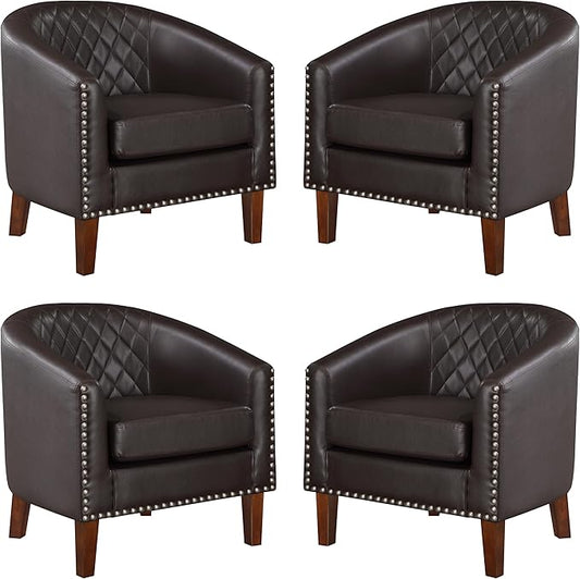 Prilinex Comfy Barrel Accent Chair Set of 4 - Faux Leather Living Room Chair Club Chair with Cushion, Diamond Grid Backrest & Nailhead Trim, Guest Chair for Office, Bedroom & Waiting Room, Brown
