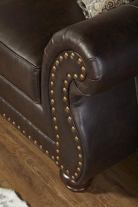 Leinster Faux Leather Sofa and Loveseat with Antique Bronze Nailheads in Espresso