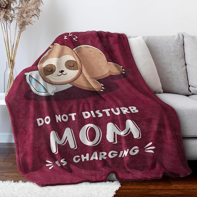 Funny Gifts for Mom Mothers Day, Mom is Charging Sloth Blanket, Birthday Gifts for Moms from Daguther Son, Moms Gift for Christmas, Soft Sloth Throws Blanket for Mother, Burgundy, 60" x 50"